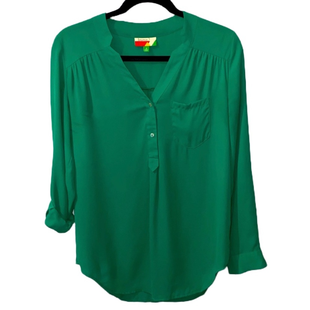 ModCloth Fervour Pam Breeze-ly V Neck Tunic Button Pocket Green Top Small Women